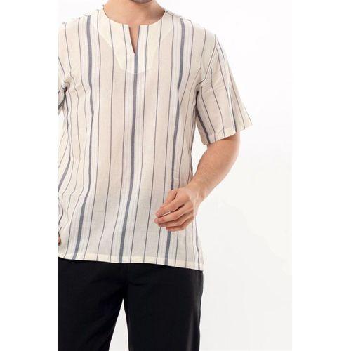 Kısa Kol Şile Bezi Bisiklet Yaka Erkek Yazlık Tshirt Ekru Gri Çizgili 3028