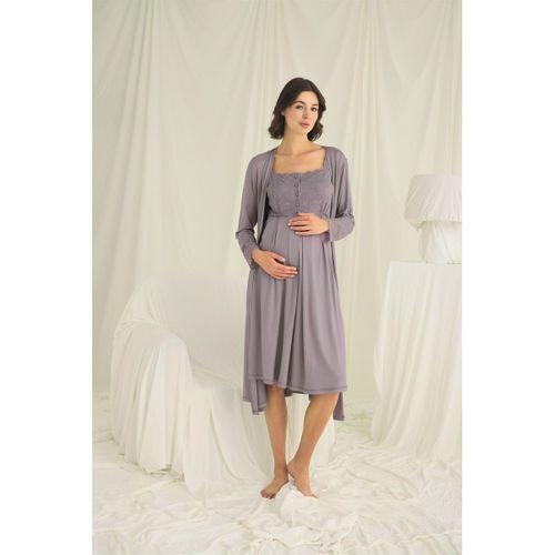 Dantelli Önü Düğmeli Hamile Lohusa Sabahlık Takımı