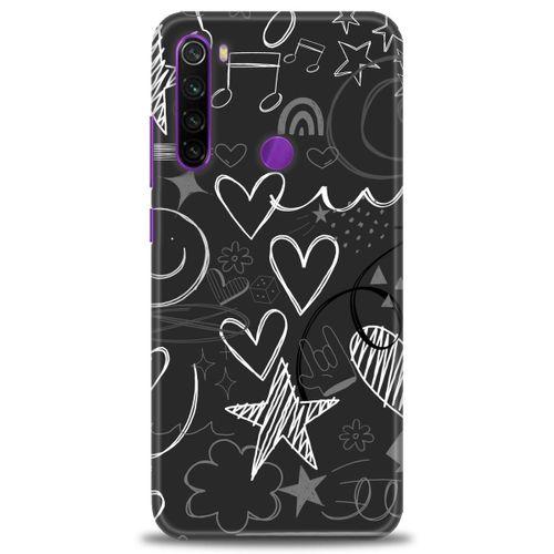 Xiaomi Redmi Note 8 Kılıf HD Baskılı Kılıf - Siyah Kalp ve Notalar + Tam Ekran Koruyucu
