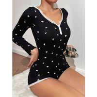 Pamuklu Siyah Kalp Desenli Tulum Pijama