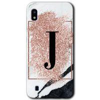 MRCİLETİSİM Samsung Galaxy A10 Kılıf Baskılı Kapak - Pembe Mermer Desenli J Harfi +Tam Kaplayan Mat Seramik
