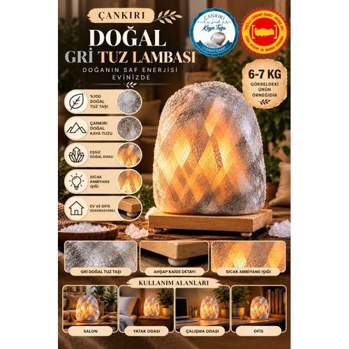 Çankırı 6-7 Kg Gri Doğal Kaya Tuzu Lambası Ahşap Kaideli Dekoratif Lamba