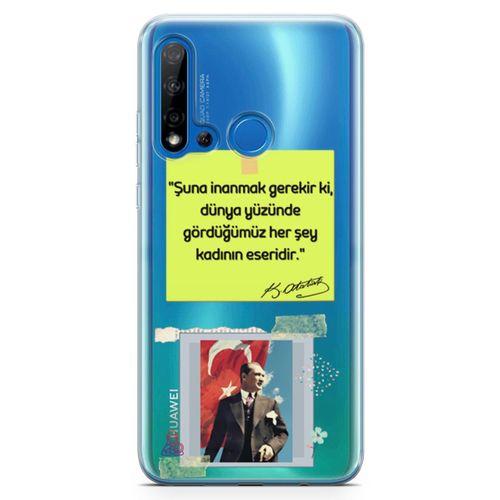 Huawei Nova 5i Kılıf Atatürk Caps Kadın Arka Kapak Koruma Desenli Full Koruyucu