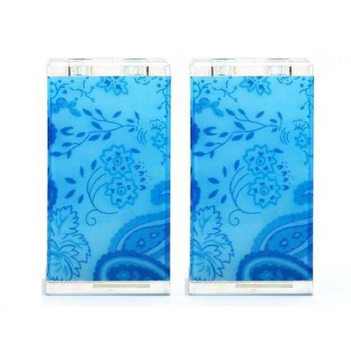 2 Adet Diş Fırçalık Mavi Çiçekli Akrilik 6X6X12Cm Banyo Seti