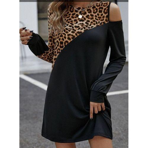 Kadın Uzun Kollu Omuzdan Açık Leopar Desenli Viskon Iki Iplik Mini Elbise