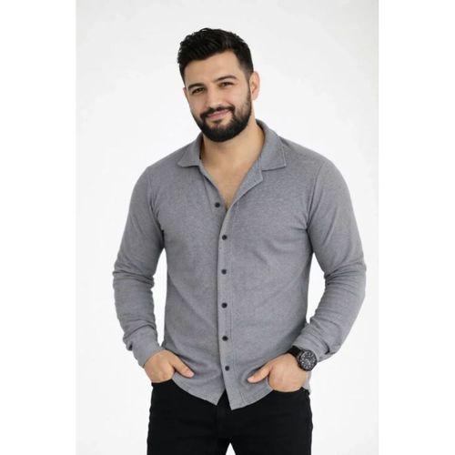 Erkek Waffle Kumaş Uzun Kollu Düğmeli Açık Yaka Regular Fit Gömlek - Füme
