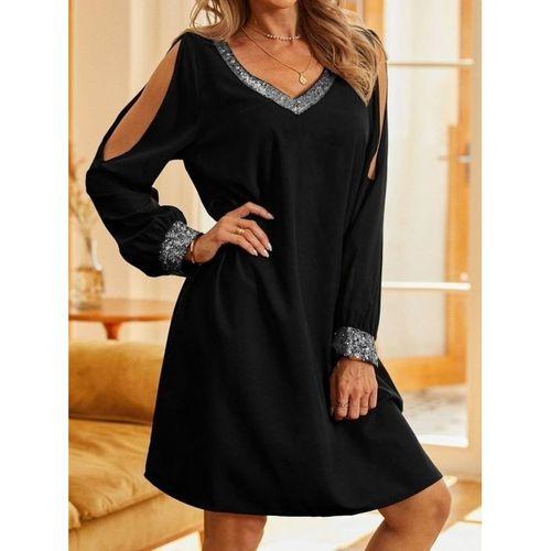 Kadın Uzun Kollu V Yaka Kollar Tül Yırtmaç Detay Kol Manşetleri Ve Yaka Payet Krep Elbise