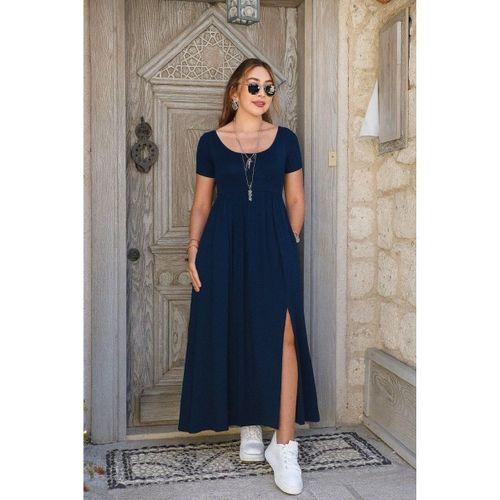 Kadın Kısa Kollu Yuvarlak Yaka önden Yırtmaçlı Cepli Viskon Uzun Elbise