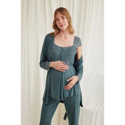 Dantelli Önü Düğmeli Hamile Lohusa 3'lü Viskon Pijama Takımı