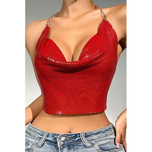 Kristal Kırmızı Taşlı Parlak Crop & Bluz Kolsuz Kayık Yaka Parti Plaj Büstiyer