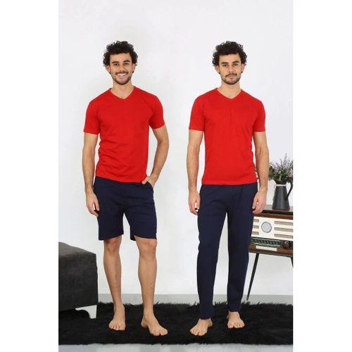 Erkek Penye Kırmızı 3'lü Pijama Takımı