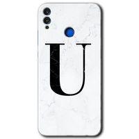 MRCİLETİSİM Honor 8x Kılıf HD Desen Baskılı Arka Kapak + Temperli Cam - Beyaz Mermer Desenli U Harfi