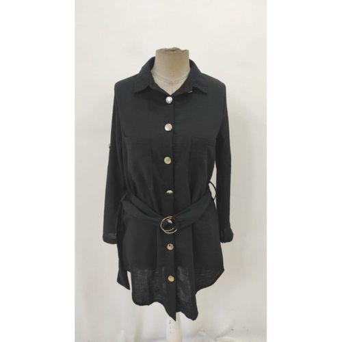 Kadın Uzun Kollu Yakalı önden Düğmeli Beli Kuşaklı Mini Ithal Keten Elbise