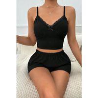 Kadın Siyah Alt Ve Üst Dantel Detaylı Fiyonklu Şortlu Gecelik Takımı