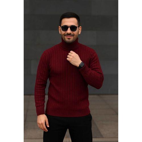 Erkek Balıkcı Yaka Bağazlı Triko Kazak Pamuklu Kalın Fitilli Dokuma, Regular Fit Uzun Kollu Kışlık Model - Bordo