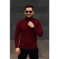 Erkek Balıkcı Yaka Bağazlı Triko Kazak Pamuklu Kalın Fitilli Dokuma, Regular Fit Uzun Kollu Kışlık Model - Bordo