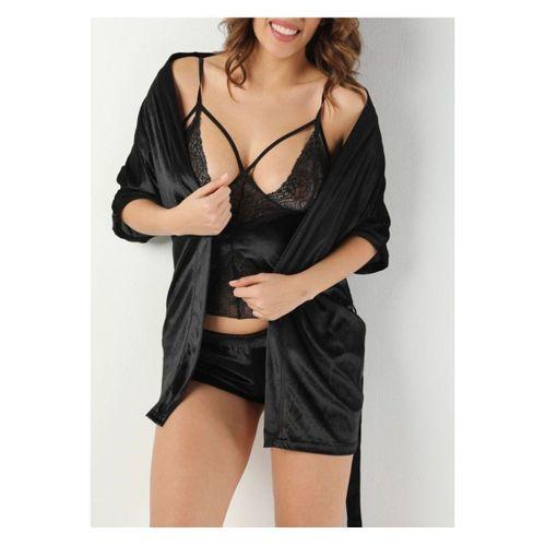 Siyah Kadife Dantelli Sabahlık & Gecelik Takım 3' Lü - 1399