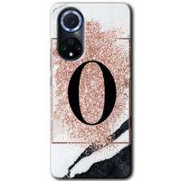 MRCİLETİSİM Huawei Nova 9 Kılıf HD Desen Baskılı Arka Kapak+Temperli Cam - Pembe Mermer Desenli O Harfi