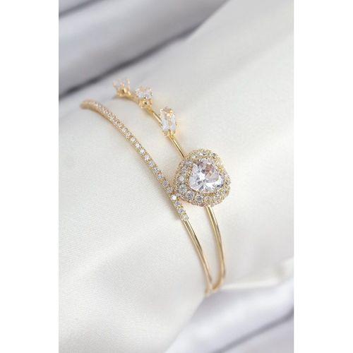 Pirinç Zirkon Taşlı Kalp Model Gold Renk Kadın Bileklik