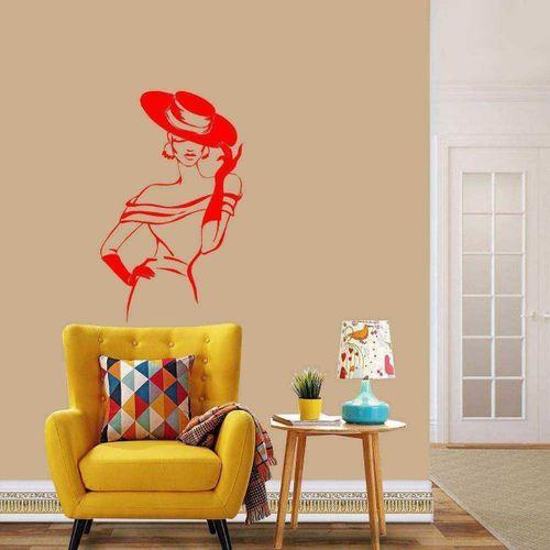 Şapkalı Kadın Büyük Boy Dekoratif Duvar Sticker, Çıkartma, Etiket Kırmızı
