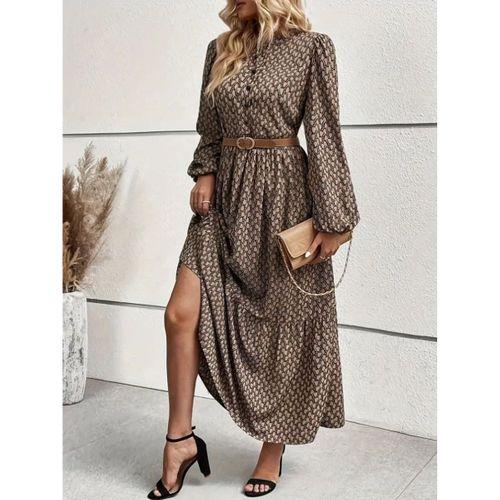 Kadın Uzun Kollu Hakim Yakalı Düğmeli Kemersiz Desenli Maxi Süprem Elbise