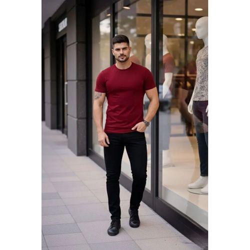 Erkek T-Shirt Bisiklet Yaka Slim Fit Dar Kesim Likralı Tişört Günlük Basic Body - Bordo