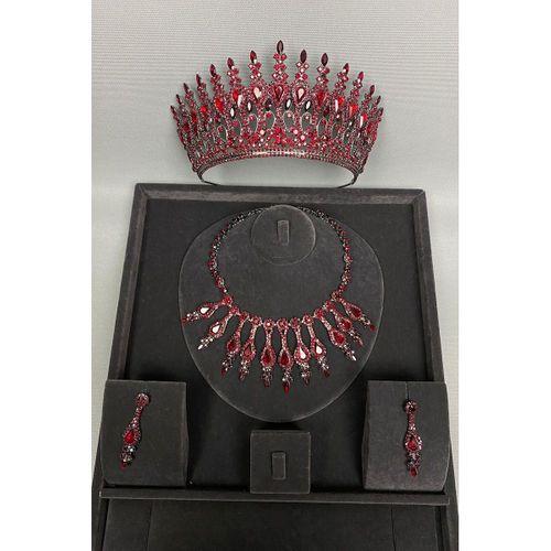 Henna Gelin Tacı ve Abiye Kolye Küpe Seti Bordo