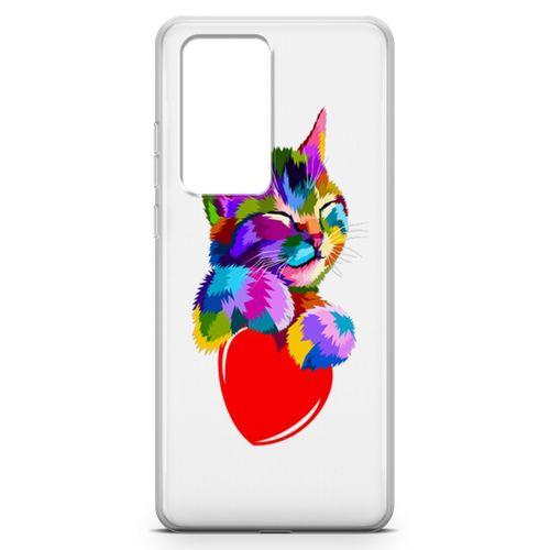 Huawei P40 Pro Kılıf Kalpli Kedi Arka Kapak Koruma Desenli Full Koruyucu