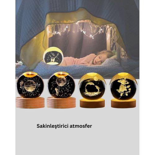 3d Geyik Desenli Kristal Küre Usb Işıklı Ahşap Tabanlı Oda Lambası