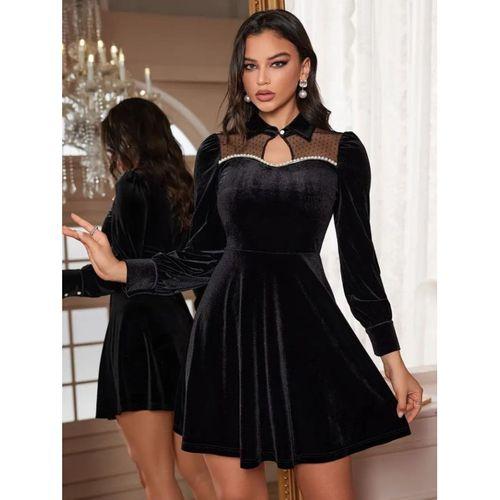 Kadın Uzun Kollu Yakalı Tül Detaylı Incili Mini Kadife Elbise
