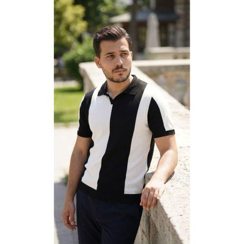 Erkek Kısa Kollu Polo Yakalı Blok Desenli Triko Bluz