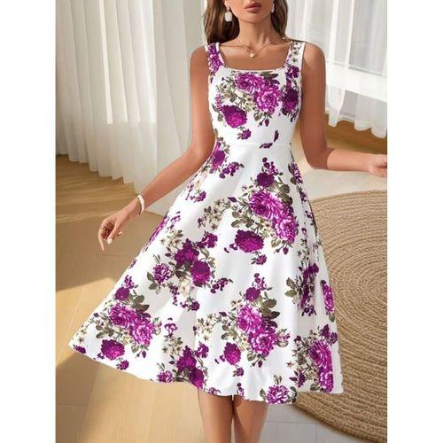 Kadın Askılı Kare Yakalı çiçek Desenli Midi Dalgıç Elbise