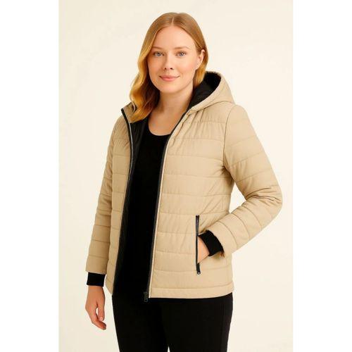 Şişme Kapüşonlu Fermuarlı Mont Su Itici Kapitone Astarlı Kumaş Cepli Kışlık Rahat Kalıp - Bej