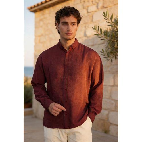 Scott – Soft Dokulu Yarım Oversize Modern Keten Görünümlü Erkek Gömlek - Bordo