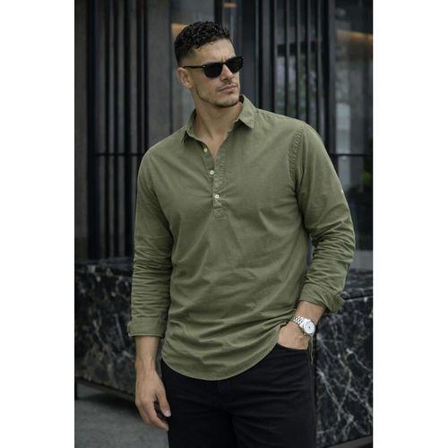 Yarım Pat Yakalı York Pamuk Kumaşlı Uzun Kollu Erkek Gömlek - Açık Haki