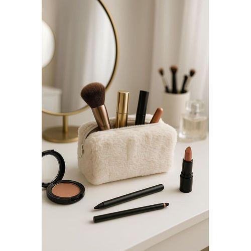 Peluş Yumuşacık Makyaj Çantası - Kozmetik Organizeri Ekru