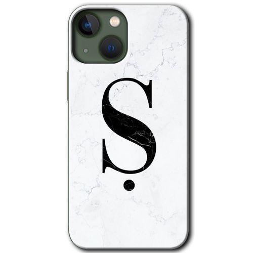 MRCİLETİSİM iPhone 13 Mini Kılıf HD Desen Baskılı Arka Kapak + Temperli Cam - Beyaz Mermer Desenli Ş Harfi