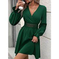 Kadın Uzun Kollu Kruvaze Yakalı Dantelli Fermuar Detaylı Mini Ithal Krep Elbise