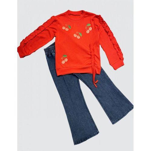4-5-6 Yaş Kot Pantolonlu Kiraz Desenli Penye Sweat Uzun Kollu 2li Kız Çocuk Takımı Kırmızı