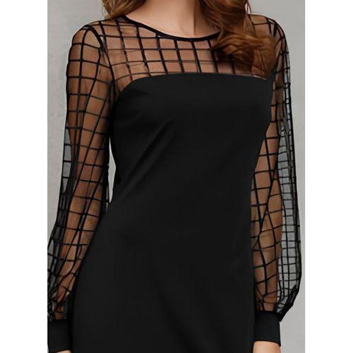 Kadın Uzun Kollu Geometrik Tül Detaylı Ithal Krep Elbise