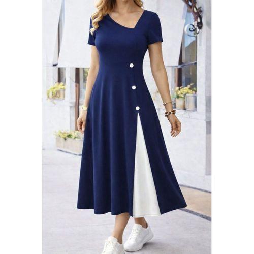 Kadın Kısa Kollu Asimetrik Yakalı Düğme Detaylı Midi Viskon Elbise
