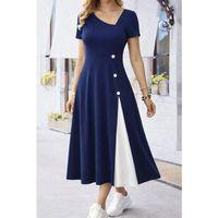 Kadın Kısa Kollu Asimetrik Yakalı Düğme Detaylı Midi Viskon Elbise