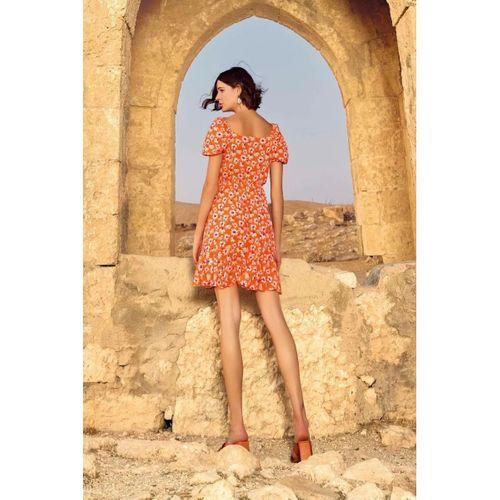 Viskon Çiçek Desenli Kısa Kollu Elbise