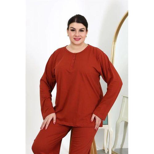 Kadın Büyük Beden Uzun Kol Penye Pijama Takımı Kiremit