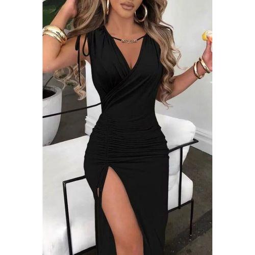 Kadın Sıfır Kollu V Yakalı Yırtmaç Detaylı Beli Büzgülü Omuzdan Bağcıklı Sandy Maxi Elbise