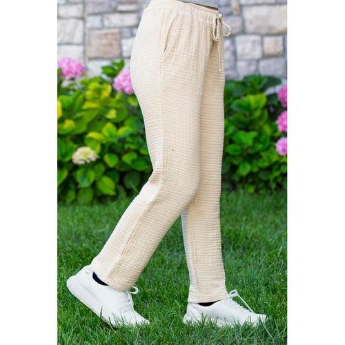 Beli Lastikli Multi Çift Cepli Müslin Kadın/Erkek Unisex Yazlık Pantolon Vizon Vzn