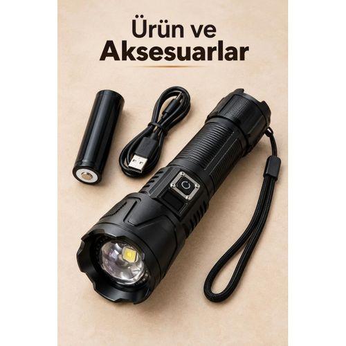 Şarjlı Led El Feneri Zoomlu Type C Şarjlı Dijital Batarya Göstergeli