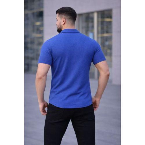 Erkek Waffle Kumaş Kısa Kollu Düğmeli Açık Yaka Regular Fit Gömlek - Saks Mavisi