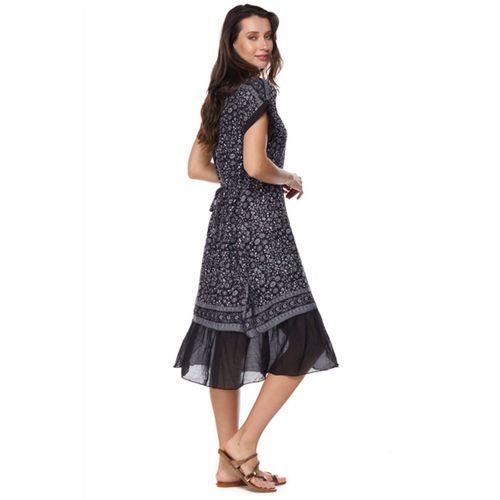 Siyah Çiçek Desenli Vual Midi Elbise-6098
