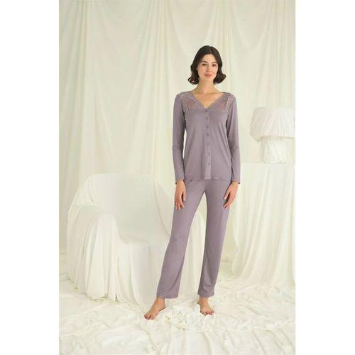 Yakası Kolu Ve Omzu Dantelli Boydan Düğmeli Pijama Takımı